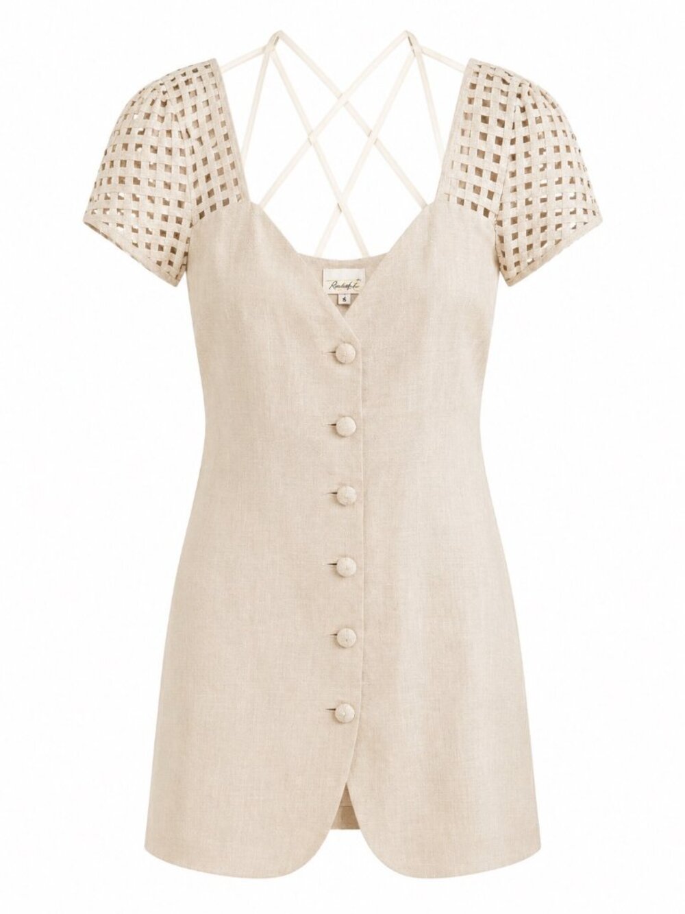 Duke Linen Beige Mini Dress With Button Front & Lattice Sleeves Size 4